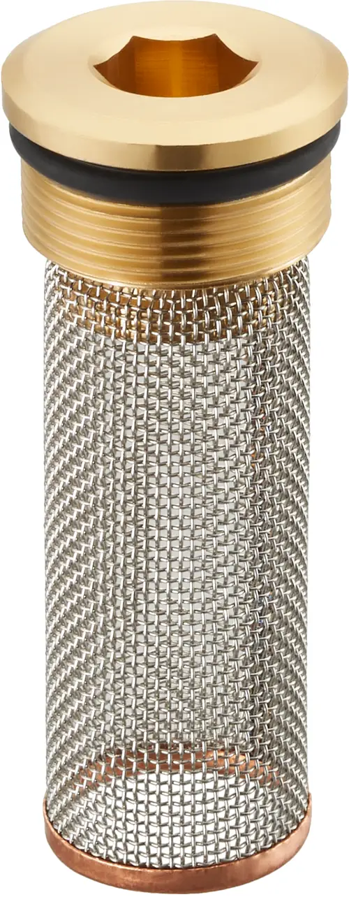 Filtereinsatz mit einem oberen goldfarbenen Teil und einem feinen Metallgitterkörper. Einsatz für Oventrop Produkte, erkennbar an der speziellen Form und den Materialien.